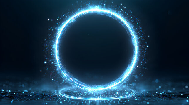Abstract AI circle neon portal on circuit board tech background. A light blue glowing round frame on technology bg. Artificial Intelligence chip or processor. Digital vector illustration. Stock Vector