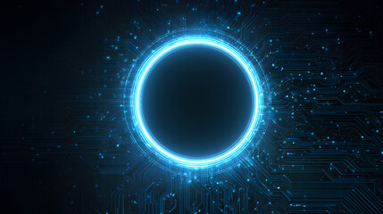 Abstract AI circle neon portal on circuit board tech background. A light blue glowing round frame on technology bg. Artificial Intelligence chip or processor. Digital vector illustration. Stock Vector