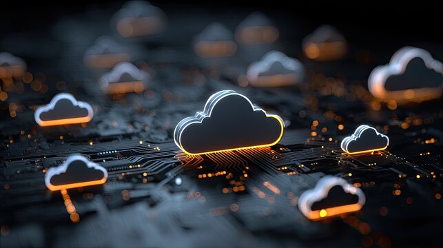 Cloud icons glowing on a circuit board