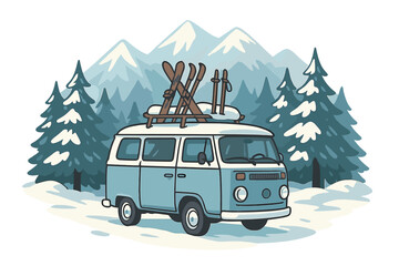 Vintage van with skis on roof rack in winter mountain landscape. Retro camper on a snow road trip adventure. Winter vacation travel concept. Cartoon vector illustration.