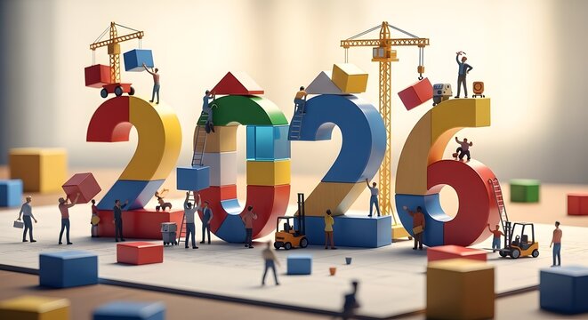 Small figures building colorful 2026 from blocks cranes future newyear teamwork construction business development planning progress 3d