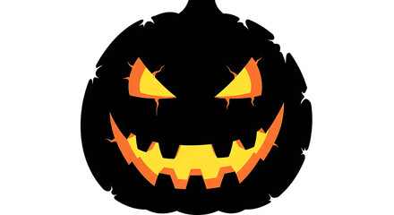 Fototapeta premium A black halloween pumpkin with jagged orange eyes and a toothy smile on a white background ai generated