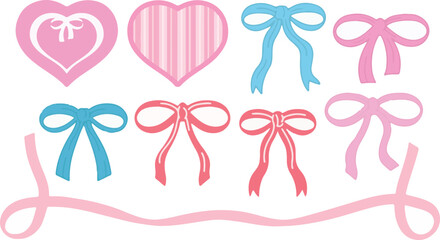 Cute Ribbon and Bow Stickers – Heart, Pink, Blue, Decoration, Girly, Gift Wrap, Love, Cartoon, Doodle, Kawaii, Vector, Sweet, Minimal, Playful, Illustration, Icon, Hand-Drawn, Cute