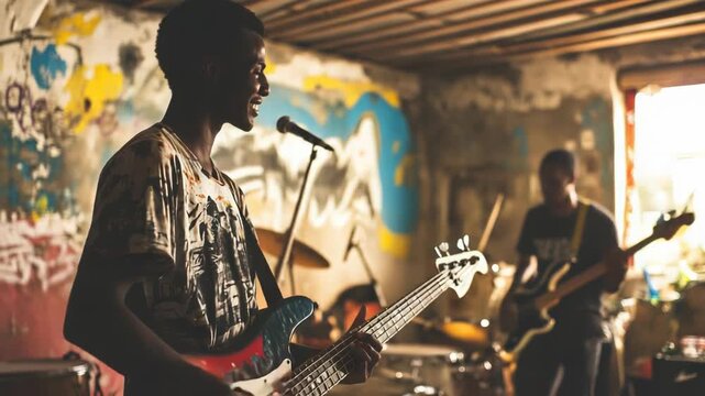 Musicians performing passionately in a grungy, artistic rehearsal space.