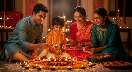 Celebrate Diwali with family lighting diyas in festive traditional clothing and creating warm memories together