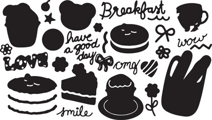 Breakfast Sticker Set – Coffee, Donut, Croissant, Bread, Morning Food, Cute, Fun, Cafe, Meal, Beverage, Snack, Hand-Drawn, Minimal, Black, Doodle, Icon, Illustration, Cartoon