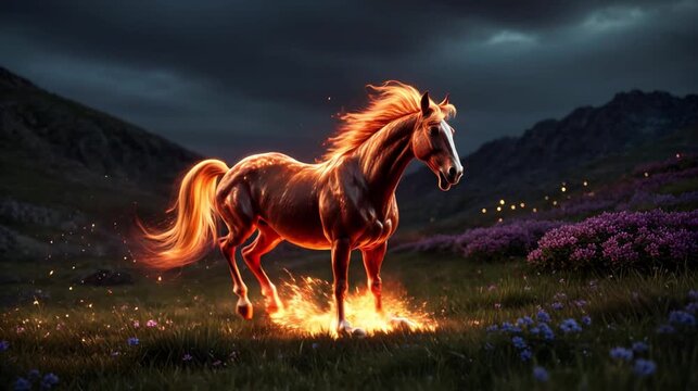 a powerful, slender fiery horse beats its hooves knocking out fiery sparks on the flowering land. landscape of a foothill flowering valley, concept symbol of 2026 according to the Chinese calendar.