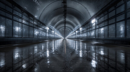 Obraz premium Interior view of a long wet tunnel with reflective floor and tiled walls