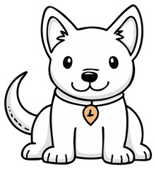 Obraz premium Cute white cartoon puppy with a collar and a tag sitting