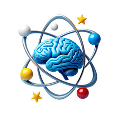 Abstract representation of a human brain at the center of an atomic orbit with colorful spheres and stars