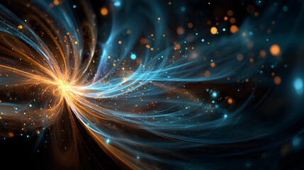 Abstract Cyan and Orange Fractal Background with Glowing Particles