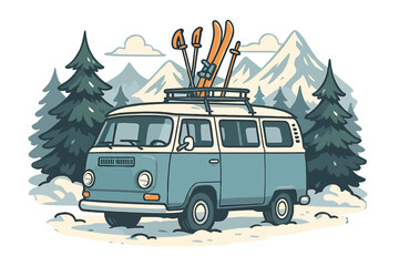 Vintage camper van with skis on roof rack in snowy mountains. Winter road trip adventure concept. Retro bus in snow-covered forest landscape. Vector cartoon illustration.