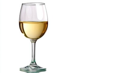 Elegant closeup of a clear white wine glass with delicate stem filled with golden wine against a white background, perfect for celebrating and hospitality themes