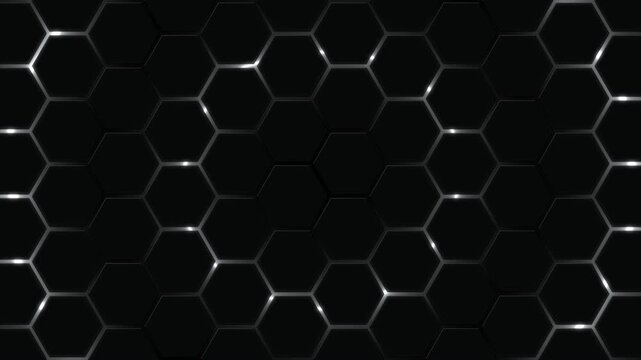 Abstract black grid background with honeycomb hexagons with light lines. Black background hexagon white glowing color. Animation futuristic technology illustration. Minimalist. Seamless looping 