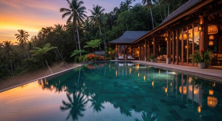 Obraz premium Tropical villa infinity pool at sunset luxurious relaxation and exotic travel destination