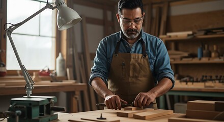 Skilled carpenter meticulously working on wood project in warm, inviting workshop setting,Generated image
