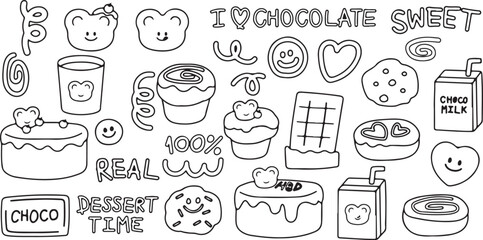Chocolate and Sweet Doodles – Candy, Dessert, Cake, Ice Cream, Cookie, Cupcake, Donut, Hand Drawn, Cute, Kids, Sweet, Cartoon, Fun, Decorative, Food, Party, Creative, Line Art