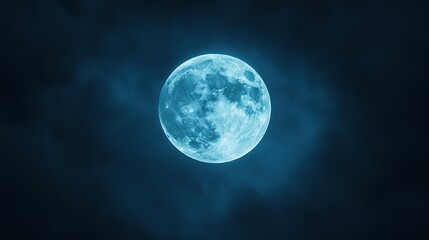 A glowing blue moon illuminates the night sky amidst dark clouds, creating a serene and mystical atmosphere.