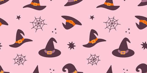 Halloween Cute Witch Hats Pink Seamless Pattern