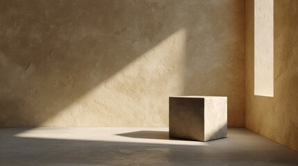 Natural Light Casting Shadows On Minimal Concrete Cube In Neutral Modern Interior, Abstract Geometric Art, Contemporary Design, Calm Minimalistic Atmosphere And Clean Architectural Space 