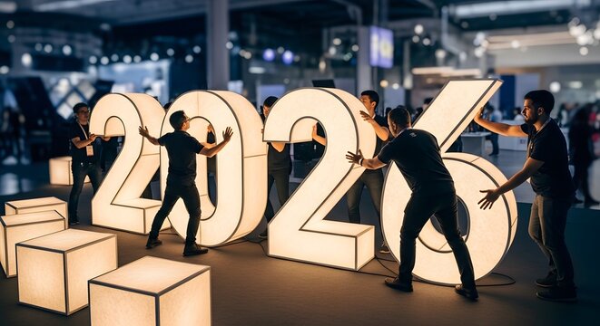 People assembling large illuminated 2026 numbers for a corporate event future newyear celebration team event collaboration