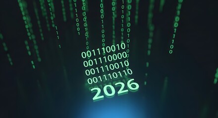 Green binary code falling displaying the year 2026 data future technology digital network artificialintelligence programming