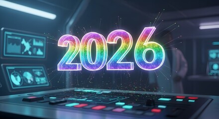 Vibrant 2026 rainbow numbers glowing futuristic technology environment Future Innovation Digital Bright Colorful Neon Progress