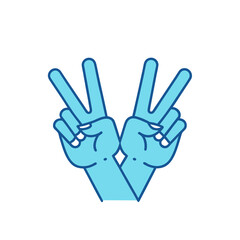 Two blue hands making the victory peace sign gesture