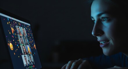 Woman enjoying virtual celebration with friends on laptop with confetti and emoji, modern social connection
