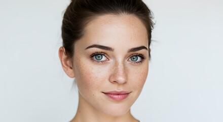 Obraz premium Stunning portrait of a woman with striking blue eyes, freckles, and a natural smile,Generated image