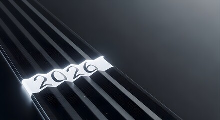 Bright 2026 glowing numbers on dark futuristic abstract striped background new year future technology concept digital progress