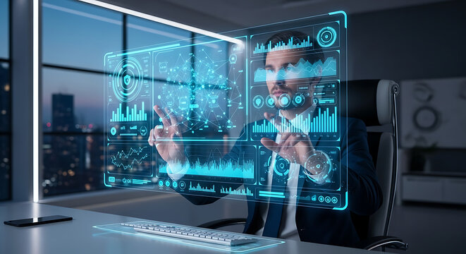 Man interacting with futuristic holographic interface in modern office environment at night ai generated