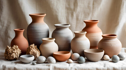 A still life of a collection of handcrafted ceramic vases and bowls, displayed against a light beige fabric background. The objects vary in shape and size, in earth tones ranging from terracotta to gr