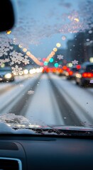 Obraz premium Snowy city street view from car