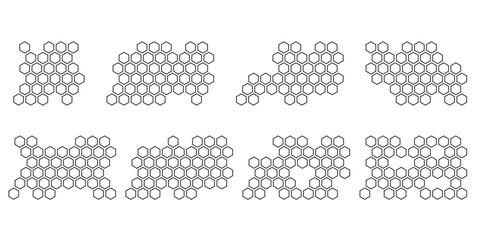 Propolis Honey comb pattern set. Honeycomb structure background. Honey, pollen, wax, parchment and bee products in sketch style. Stock vector illustration isolated on a white background.