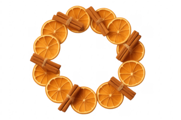 Christmas wreath made of dried orange slices and cinnamon sticks on transparent background