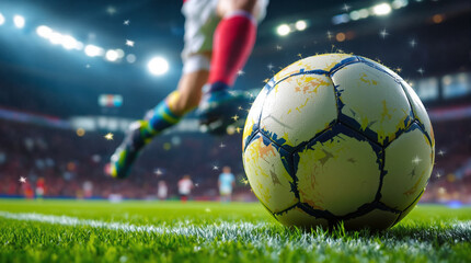 Fototapeta premium Dynamic action shot of a soccer player kicking the ball towards the goal during a dramatic night match in a large stadium