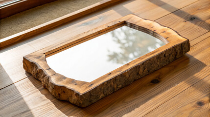 Rustic wooden rectangle mirror with natural bark edge design on wooden table with sunlight ambient