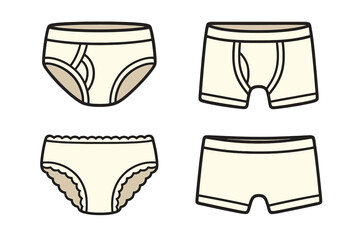 Kids underwear vector collection. Various styles of underpants for boys and girls. Set includes briefs, boxer briefs, and panties. Children's fashion apparel icon set.