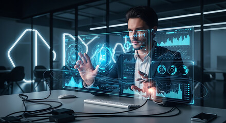 Man interacting with holographic display showing ai and data analytics in modern office space ai generated