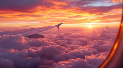 Fototapeta premium Awe-inspiring view from an airplane window at sunset, with a golden glow over a sea of fluffy clouds, revealing a breathtaking sky