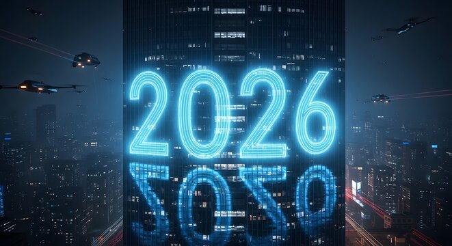 Futuristic city night view with glowing 2026 2050 timeline display Future Technology Urban SciFi Drone Cityscape Neon Lights - Powered by Adobe