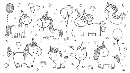 Unicorn line art collection balloons, hearts, stars, cute, simple, festive