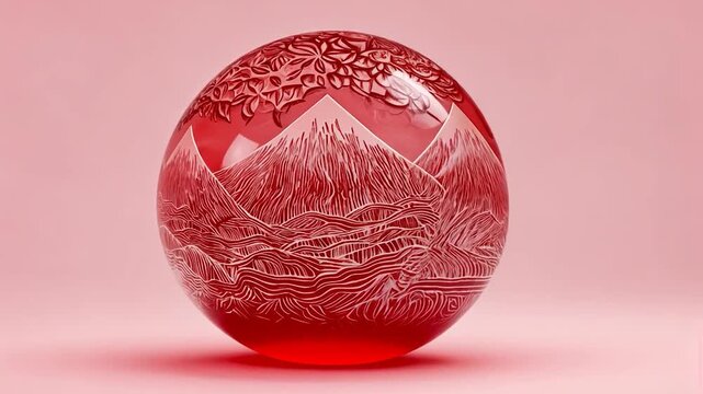 Red glass egg with etched mountain scene