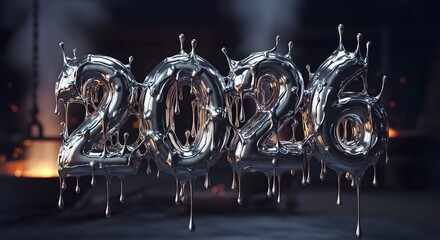 Molten metallic 2026 numbers dripping against dark blurred background future newyear mercury chrome liquid modern bokeh