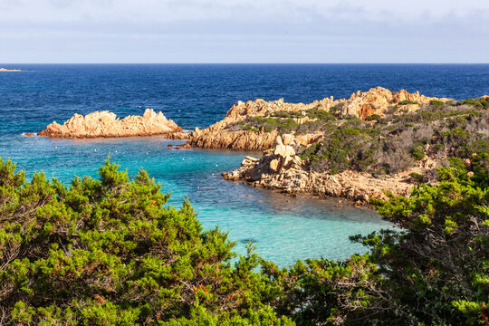 Caprera, Italy. Awesome Turquoise Blue Tyrrhenian sea touches rocky coast of Caprera island in Maddalena archipelago near Sardinia. Gorgeous forest and rocks meet amazing sea.