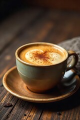 Obraz premium Warm coffee in rustic mug, wood grain visible, surface, kitchen, espresso