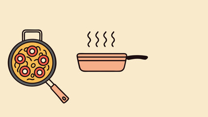 Frying pan with food and empty pan with steam Keywords: cooking, food, frying pan, skillet, meal