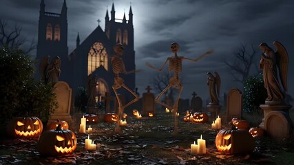 Spooky Halloween Night Skeleton Dance in Graveyard