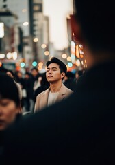 Serene Young Man Meditating Amidst Vibrant City Lights